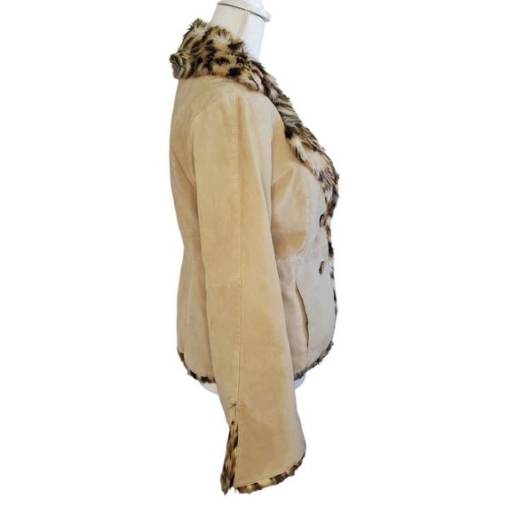 90s Y2K Suede Leather Jacket Faux Fur Leopard Collar Beige Penny Lane Sz Small - Picture 5 of 11